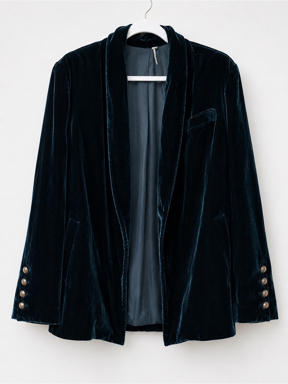 Free People Navy Velvet Blazer Jacket Gold Button Cuffs Boho Y2K Evening Womens